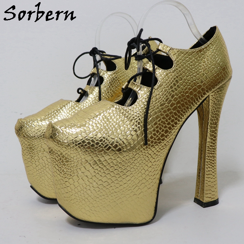 Pump Heel Block - Sorbern Gold Crocodile 20 cm Pump