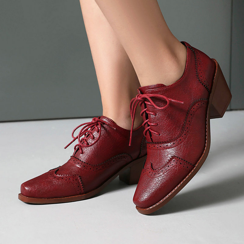 Pump Heel Block - Damen Oxford-Schuhe, spitzer Zeh, Keilabsatz-Pumps, burgunderfarbenes
