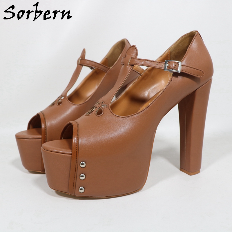 Pump Heel Block - Sorbern Braune, matte Damen-Pumpschuhe, offene Zehen,