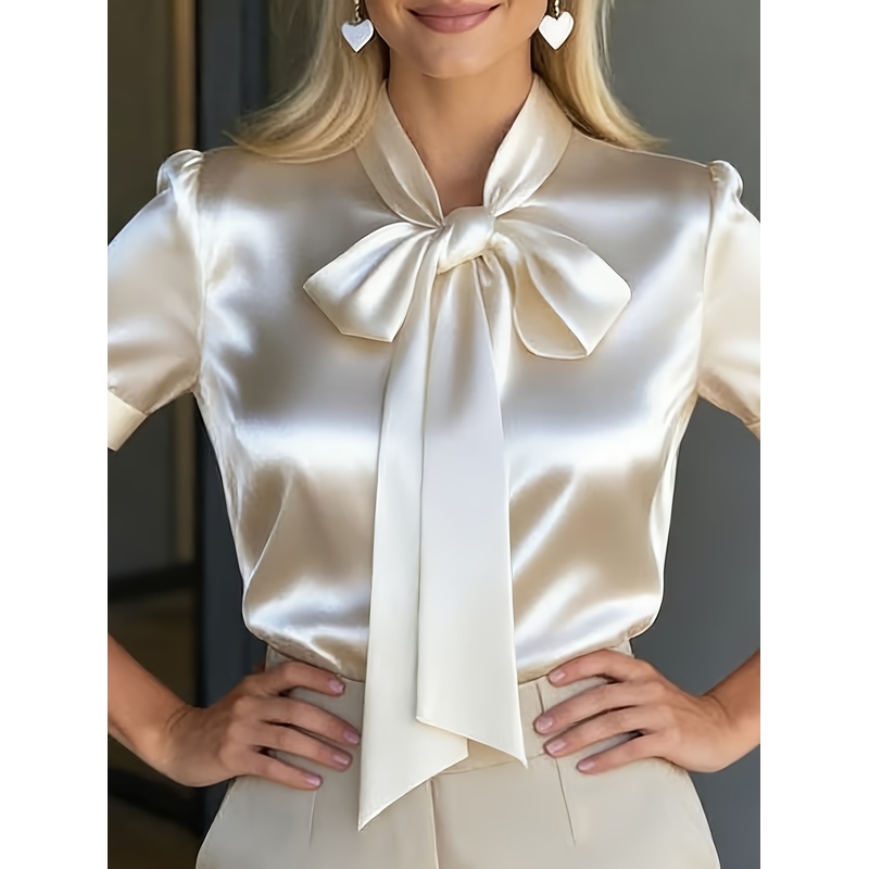 Women Formal Wear Stitching - Elegantes Damen-Kurzarmhemd mit Schleifenkragen, einfarbig, Satinhemden